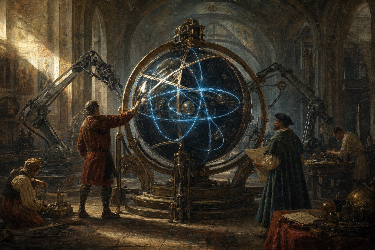 Pintura original de un taller renacentista construyendo una máquina tecnológica de crecimiento